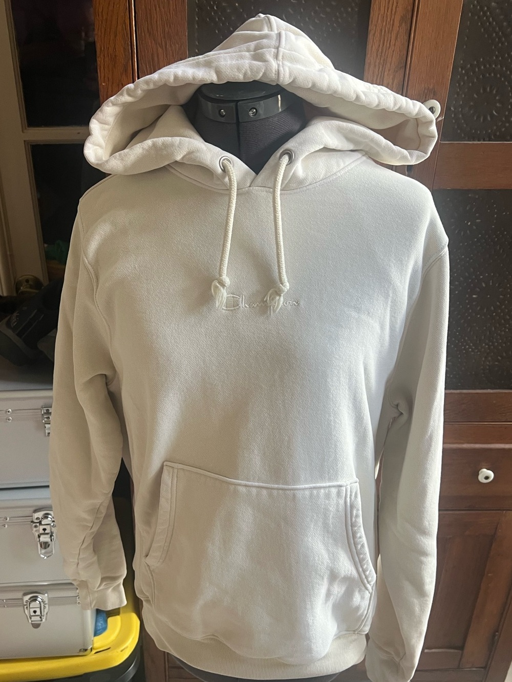 Men's White Pullover Hoodie reverse weave - very heavy champion size S